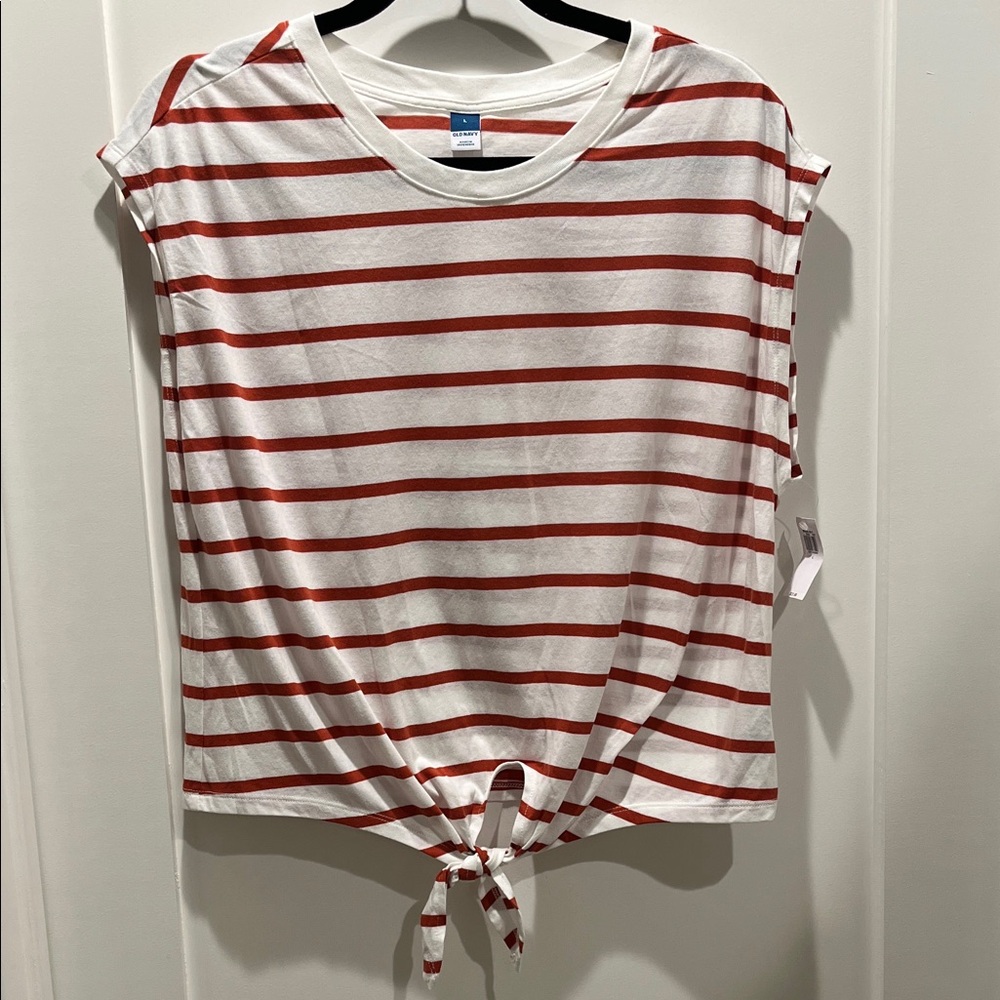 Old Navy Rusty Red and White Striped Tie-Front Tee